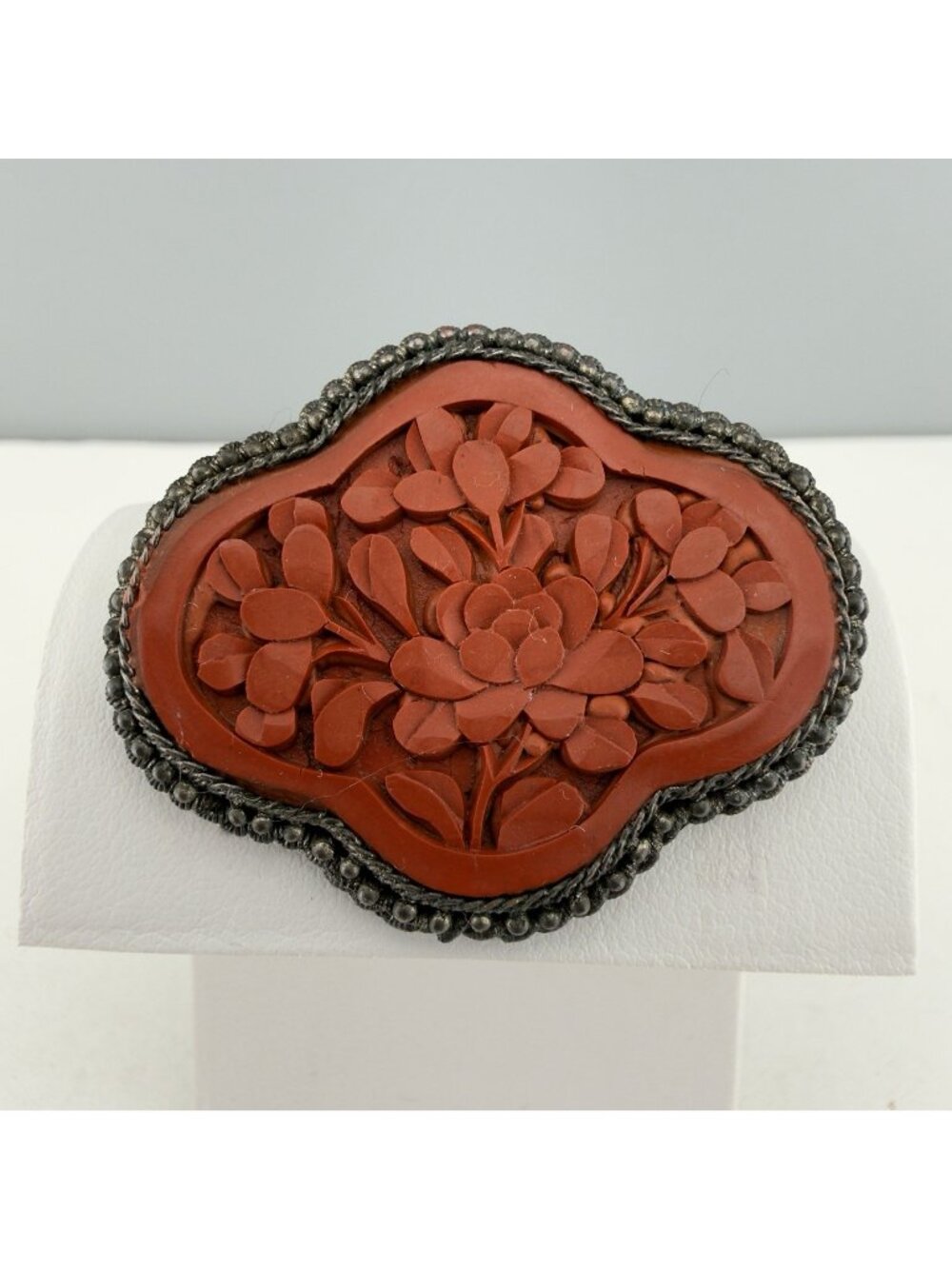 Vintage Chinese Export Carved Cinnabar Brooch Pin 1.75”